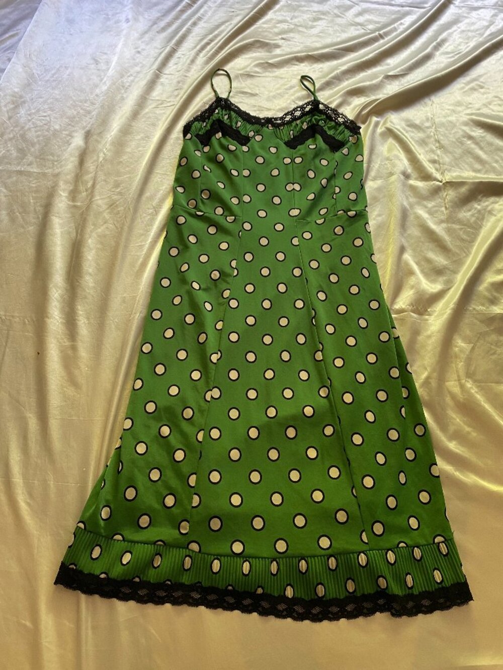Jean Paul Gaultier x Target Slip Dress Green Polka Dot Black Lace Large